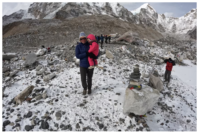 18-month old visited her grandfather's memorial at the base camp